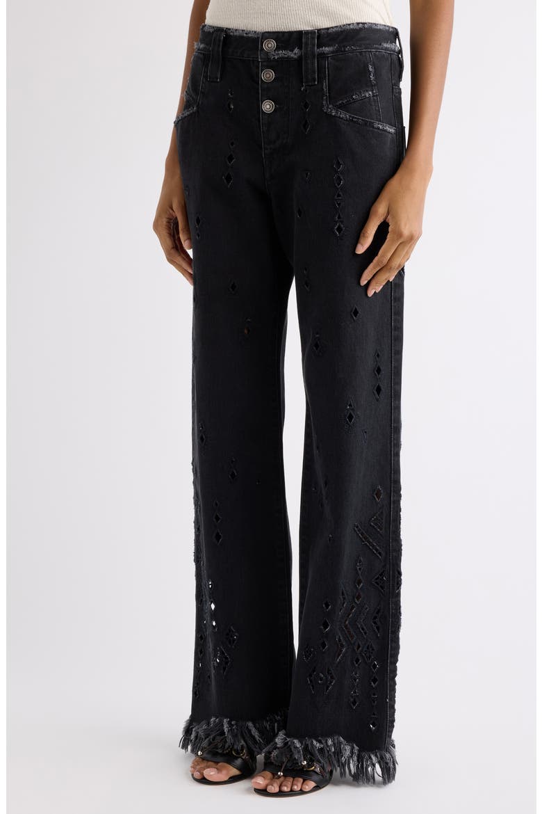 Amia Fray Hem Broderie Anglaise Flare Leg Jeans, Alternate, color, BLACK