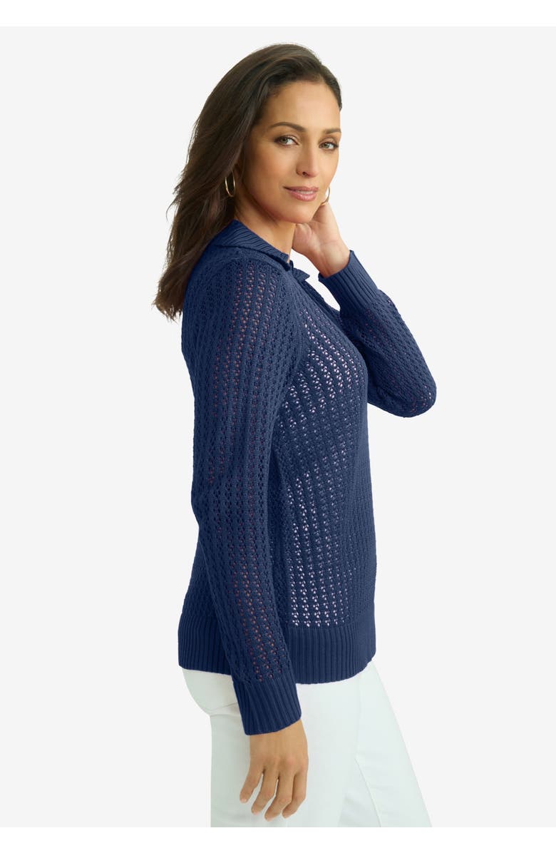 Jessica London Pullover Crochet Polo, Alternate, color, Navy