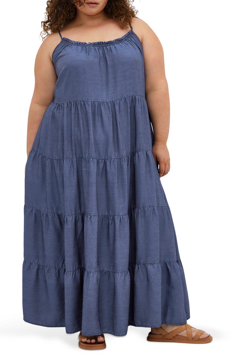 City Chic Island Tiered Maxi Dress, Main, color, Dark Wash