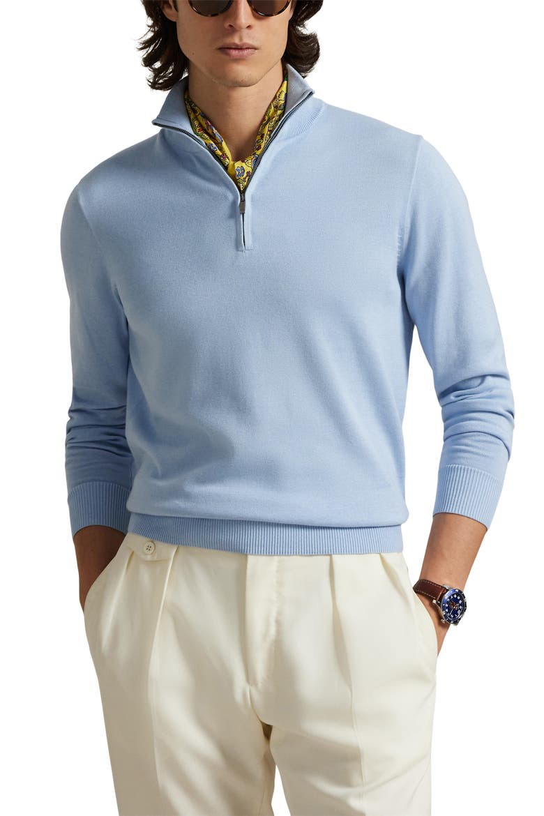 Mock Neck Cotton Quarter Zip Sweater, Main, color, BLUE