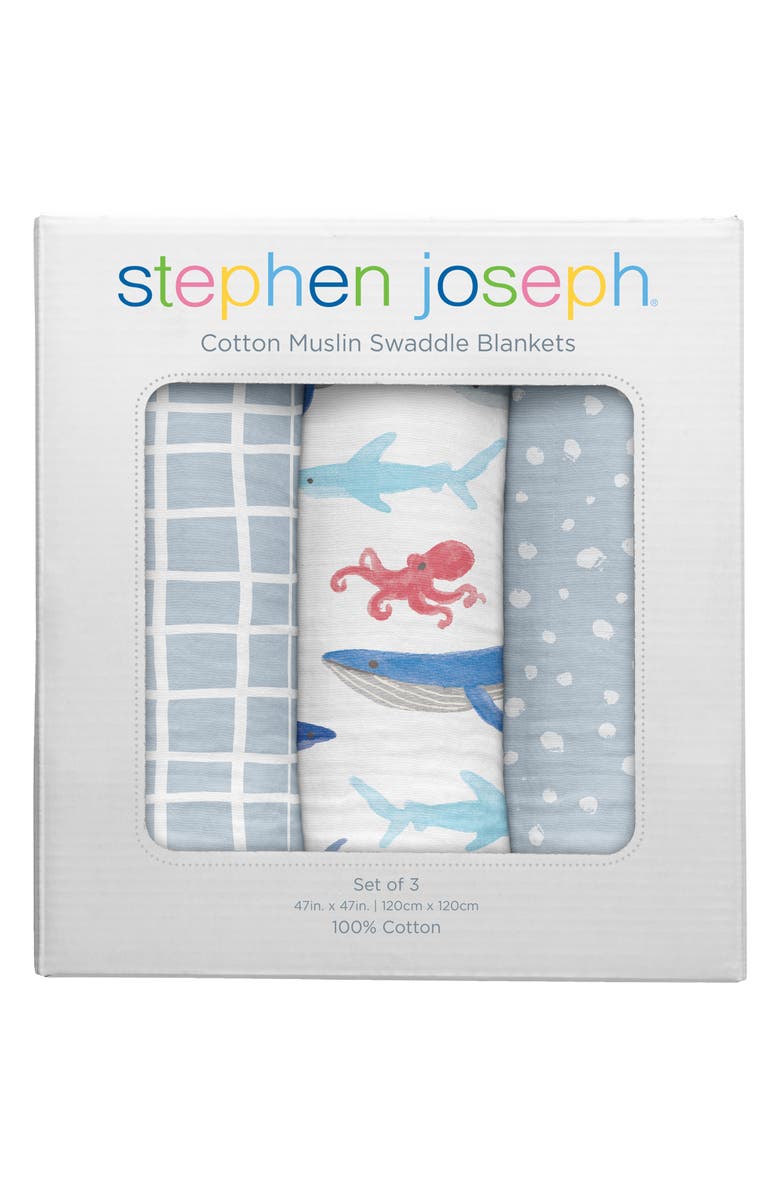 Stephen Joseph Set of 3 Muslin Blankets, Main, color, Shark