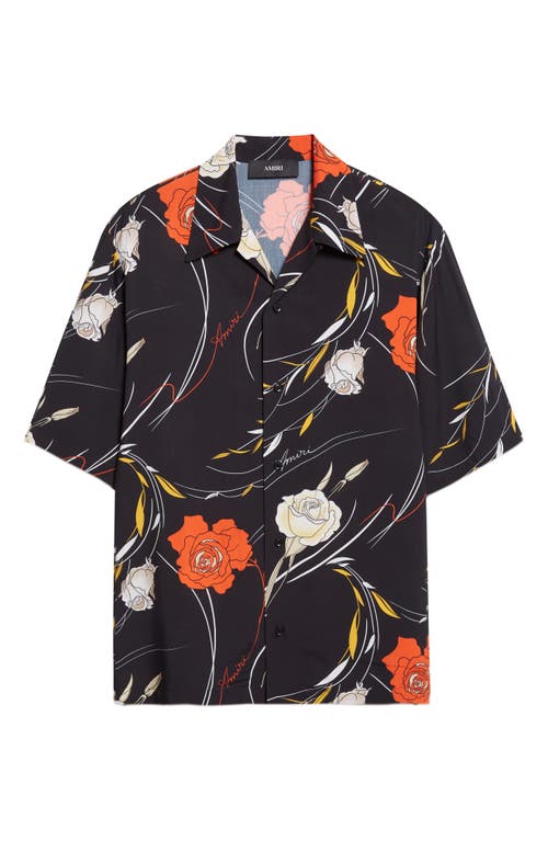 Amiri Men Black Bowling Shirt With Cuban Collar And All-over Floral Motif In Viscose Man In Black
