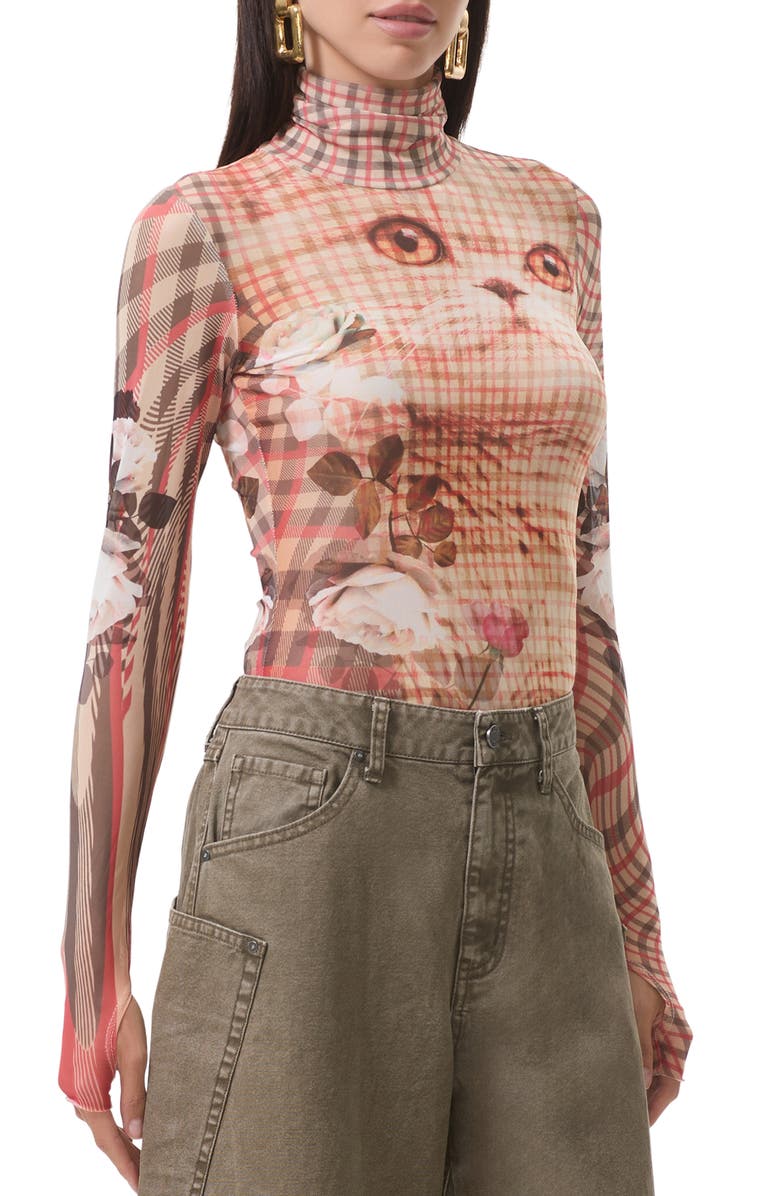 AFRM Zadie Print Turtleneck Mesh Top, Main, color, Kitten Plaid