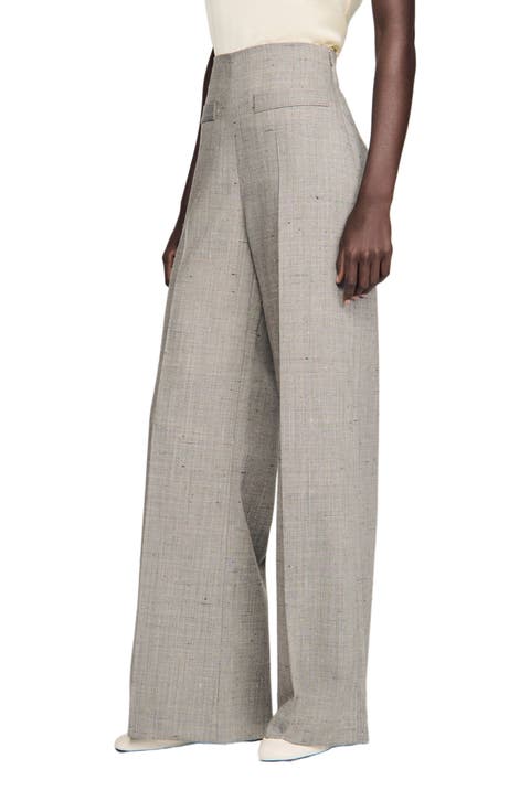 Wide-leg check wool trousers