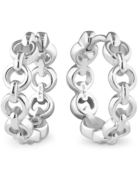 Cable Link Hoop Earrings in Rhodium Plated Sterling Silver