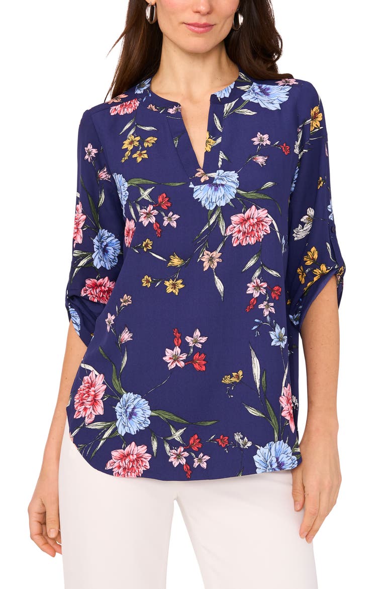 Floral Print Roll Tab Top, Main, color, NAVY FLORAL