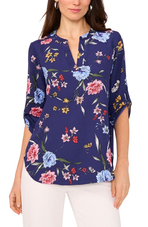 Floral Print Roll Tab Top