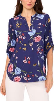 Chaus Floral Print Roll Tab Top