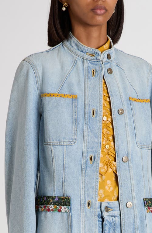Valentino Embellished Printed Chiffon-trimmed Denim Jacket In Blue