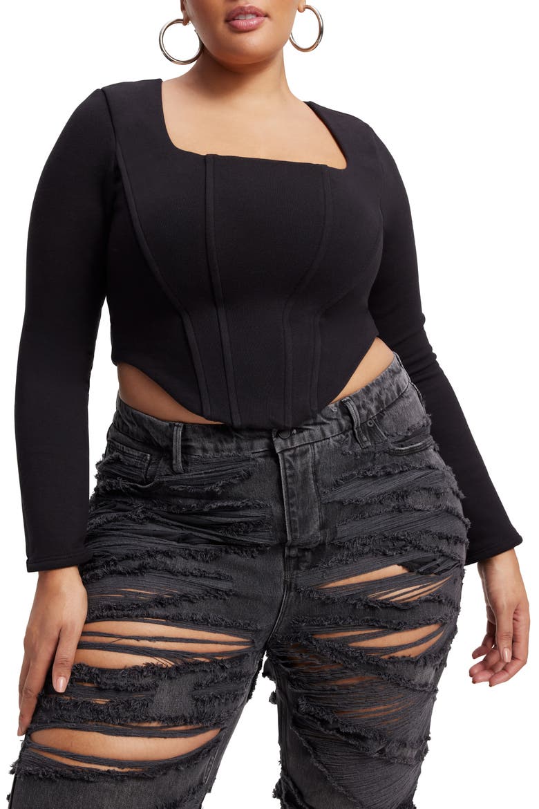 Square Neck Corset Terry Cloth Top, Alternate, color, BLACK001