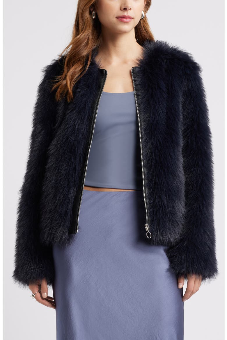 Faux Fur Crop Jacket, Main, color, NAVY BLAZER