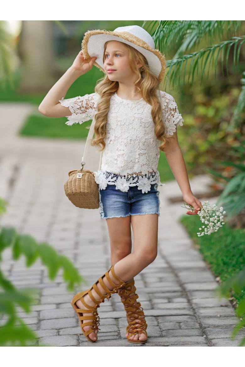 Girls Lovely In Lace Denim Shorts Set, Alternate, color, Beige