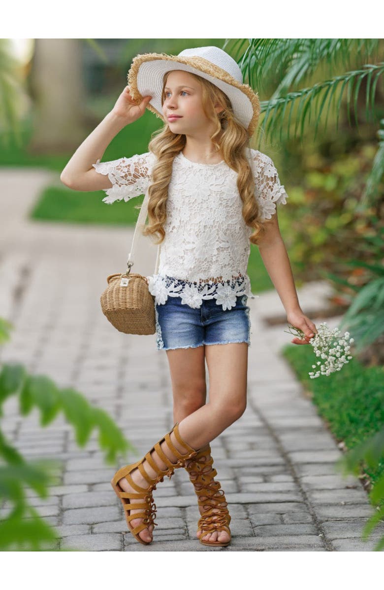 Mia Belle Girls Girls Lovely In Lace Denim Shorts Set, Alternate, color, Beige
