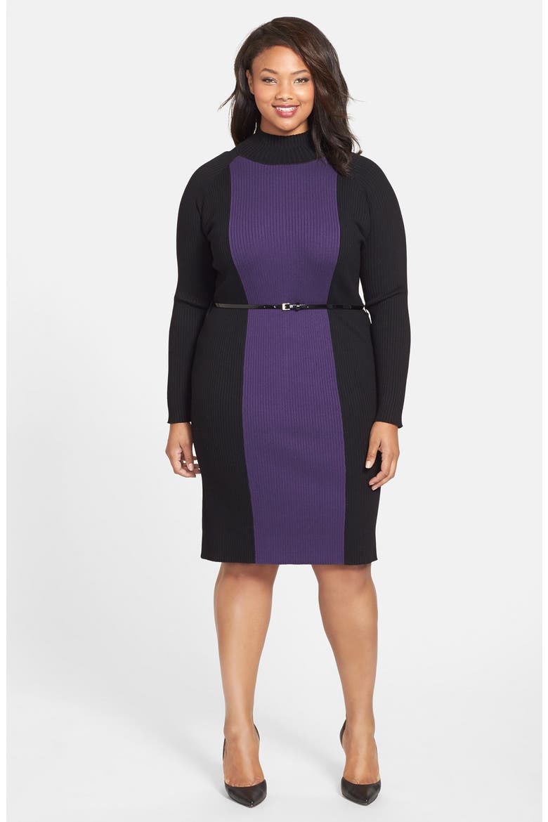 Anne Klein Colorblock Rib Knit Turtleneck Dress, Main, color, AUBERGINE MULTI