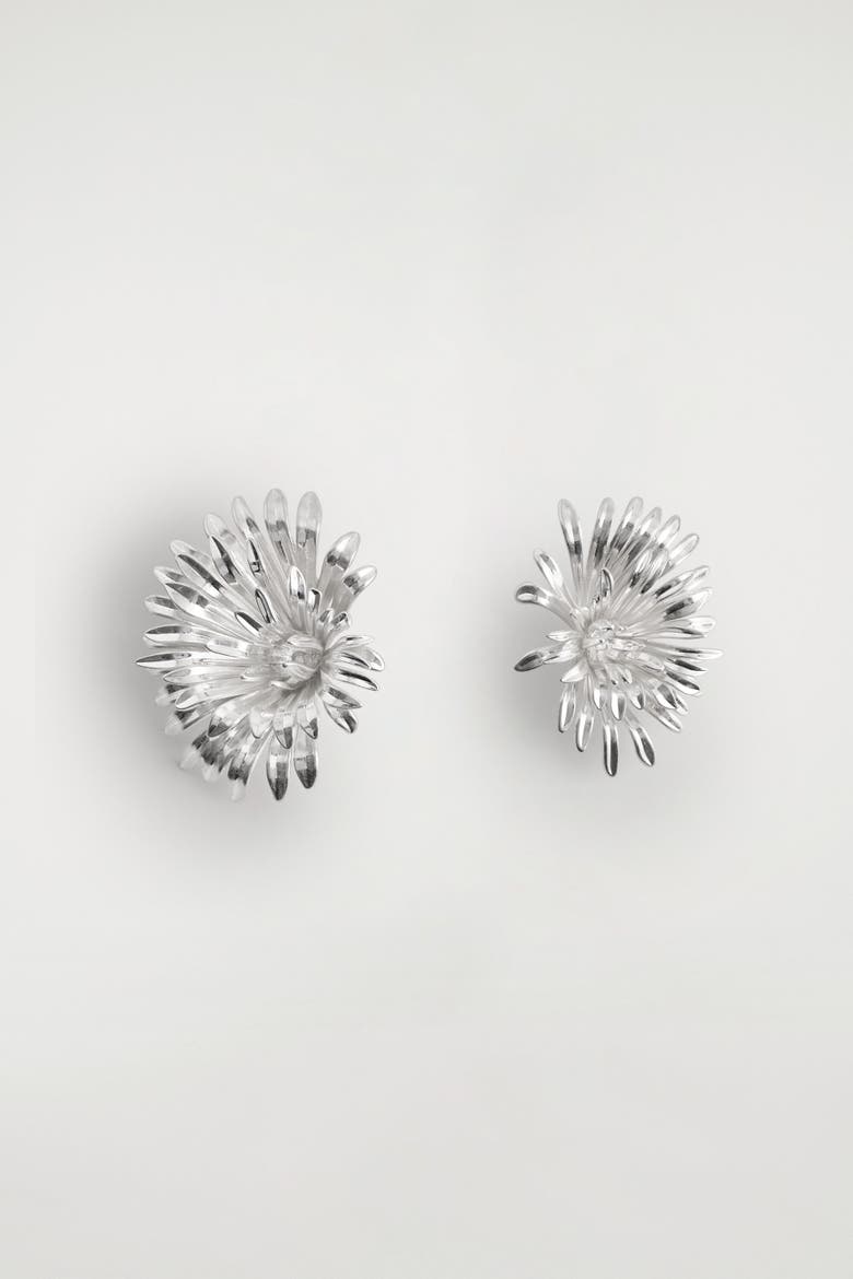 Asymmetric Abstract Floral Earrings, Alternate, color, SILVER