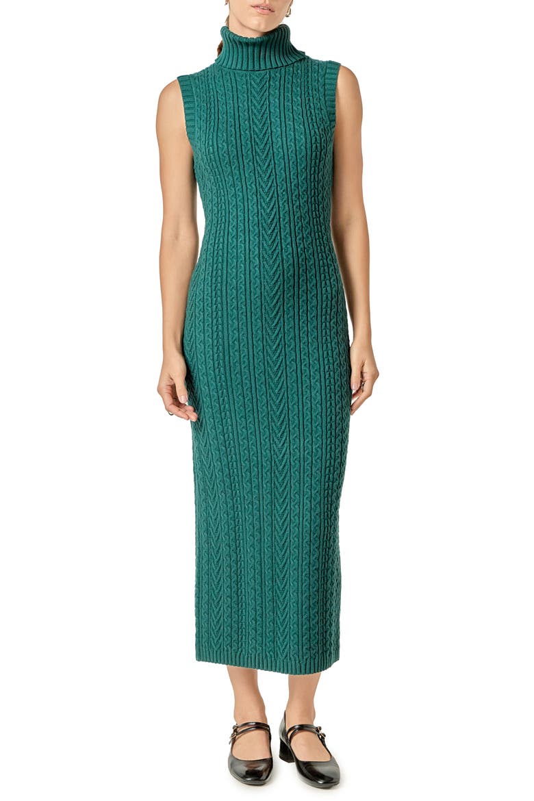 Sleeveless Turtleneck Cable Stitch Maxi Sweater Dress, Main, color, DARK GREEN