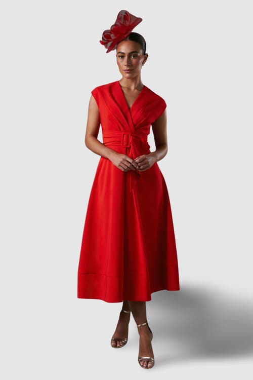 Coast Belted Crepe V-neck Midi Dress In Red