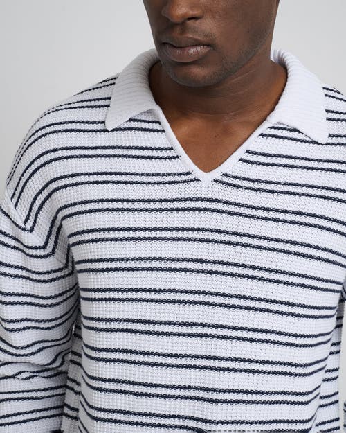Onia Cotton Linen Textured Long Sleeve Polo In White/deep Navy