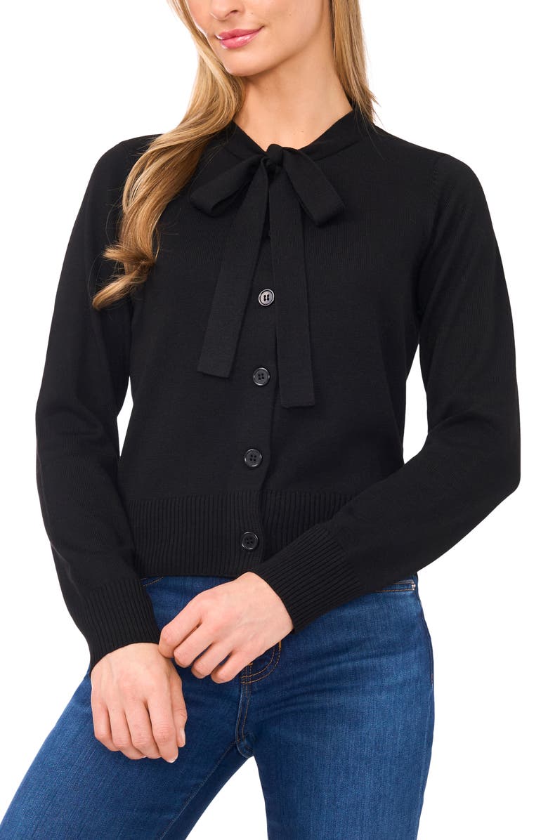 CeCe Tie Neck Cardigan, Main, color, Rich Black