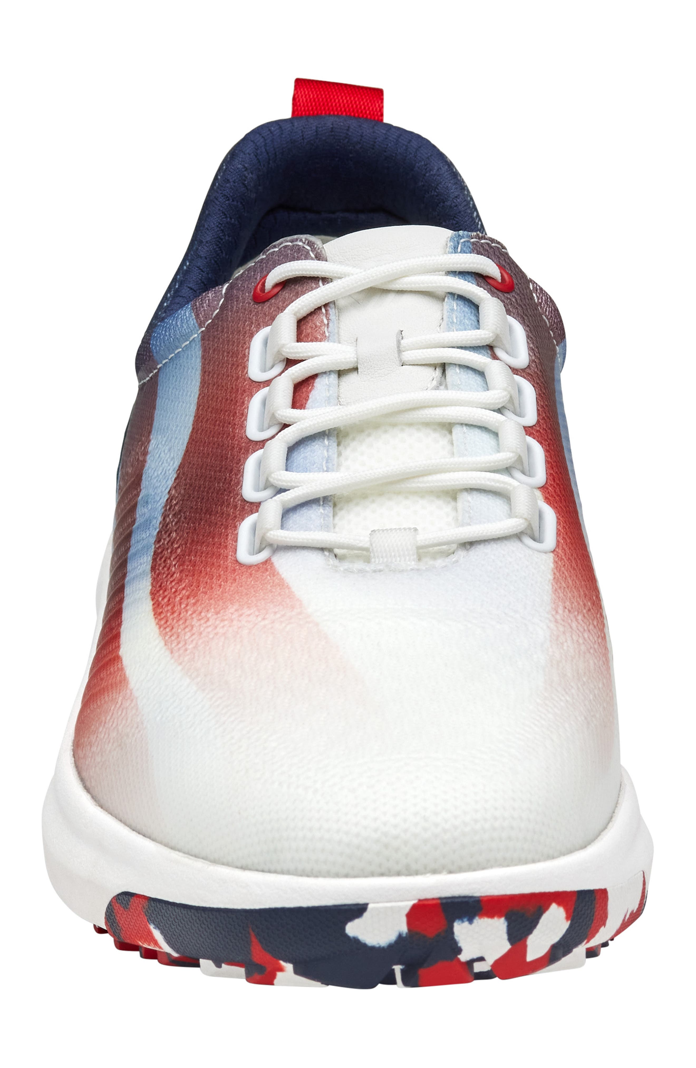 Johnston & Murphy Amherst Waterproof Golf Shoe, Alternate, color, Red/ White/ Blue Coated Knit