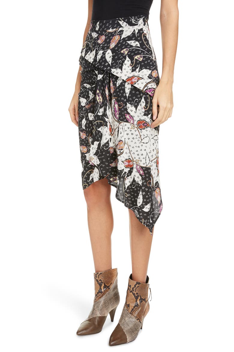 Floral Print Drape Detail Stretch Silk Skirt, Alternate, color, BLACK