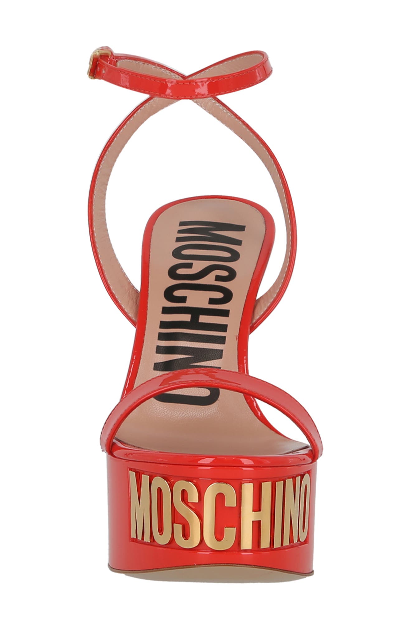 Moschino Logo Ankle Strap Platform Sandal, Alternate, color, Orange
