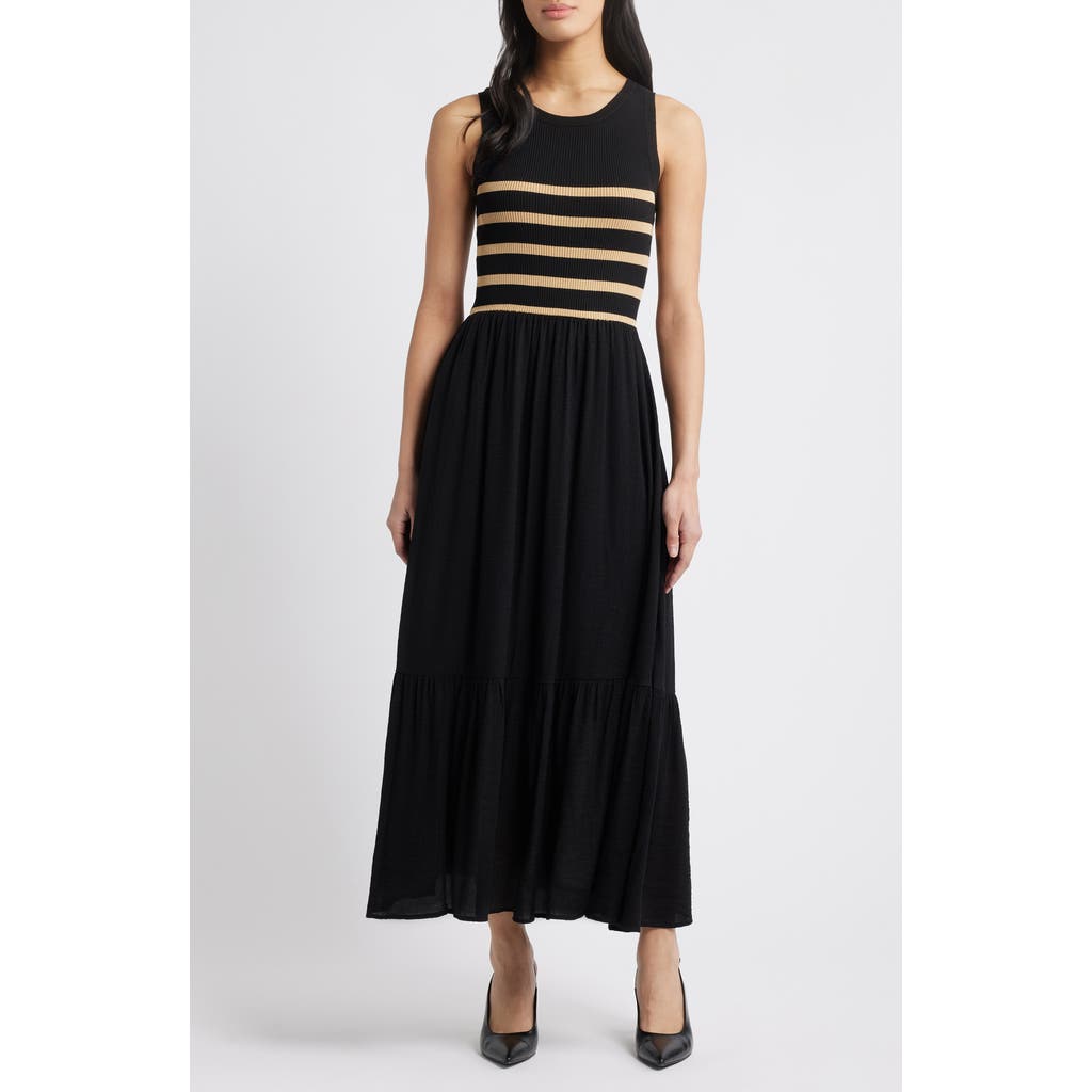 Zoe And Claire Mixed Media Stripe Bodice Sweater Dress In Black