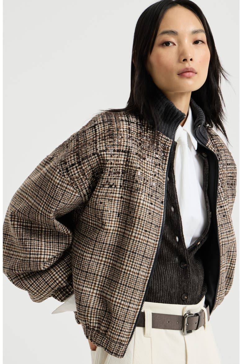 Checked alpaca and wool bomber jacket with dazzling degradé embroidery and Thermore® padding, Alternate, color, Brown