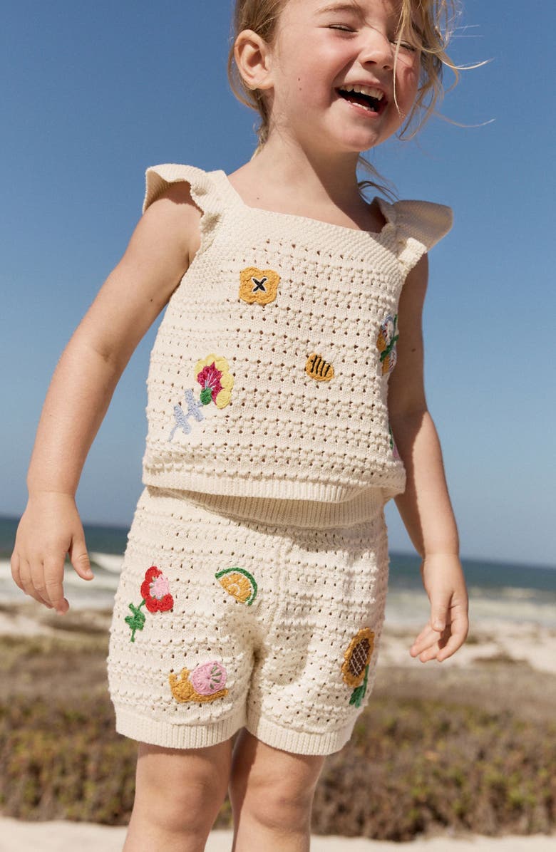 NEXT Kids' Crochet Appliqué Open Stitch Cotton Top & Shorts Set, Alternate, color, Neutral