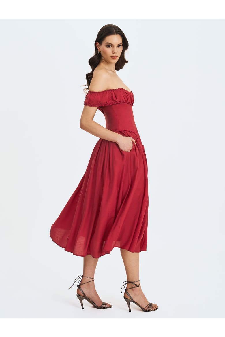 Xavy Drop Waist Off-Shoulder Corset Midi Dress, Alternate, color, Crimson