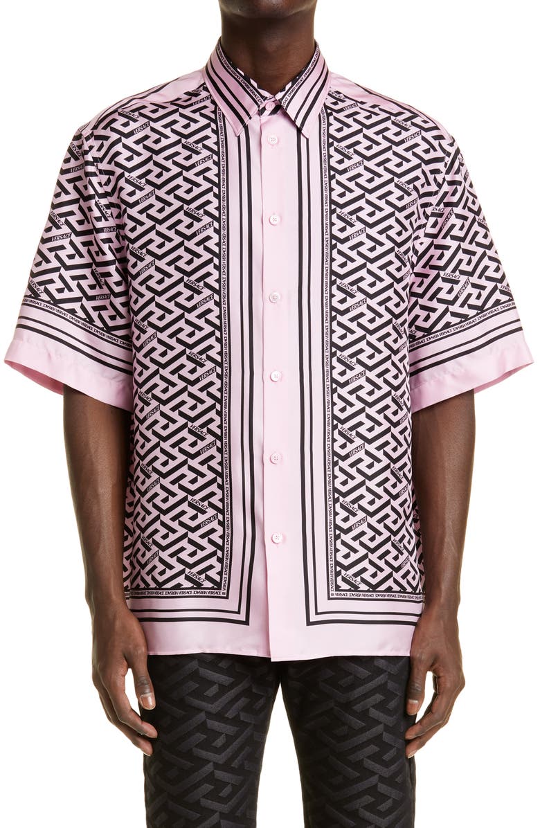 Versace La Greca Print Short Sleeve Silk Button-Up Shirt, Main, color,