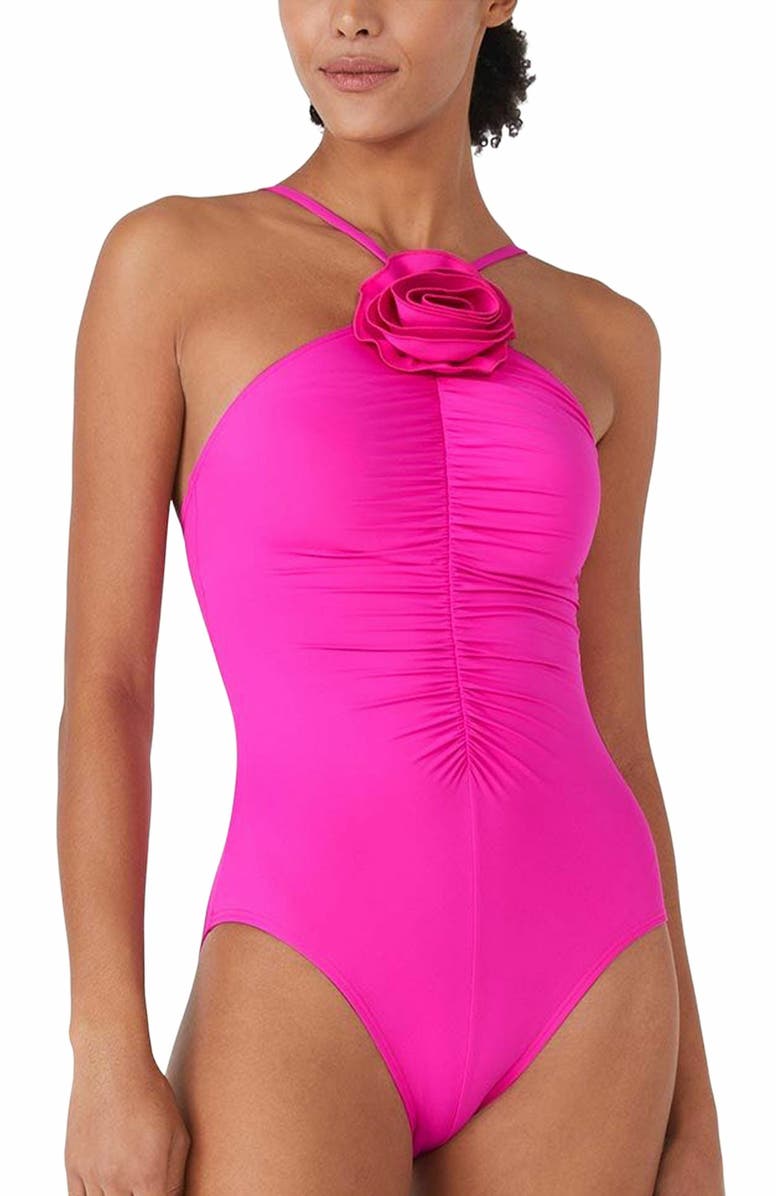 Kate Spade New York Rosette High Neck One Piece Swimsuit, Main, color, Vivid Snapdragon