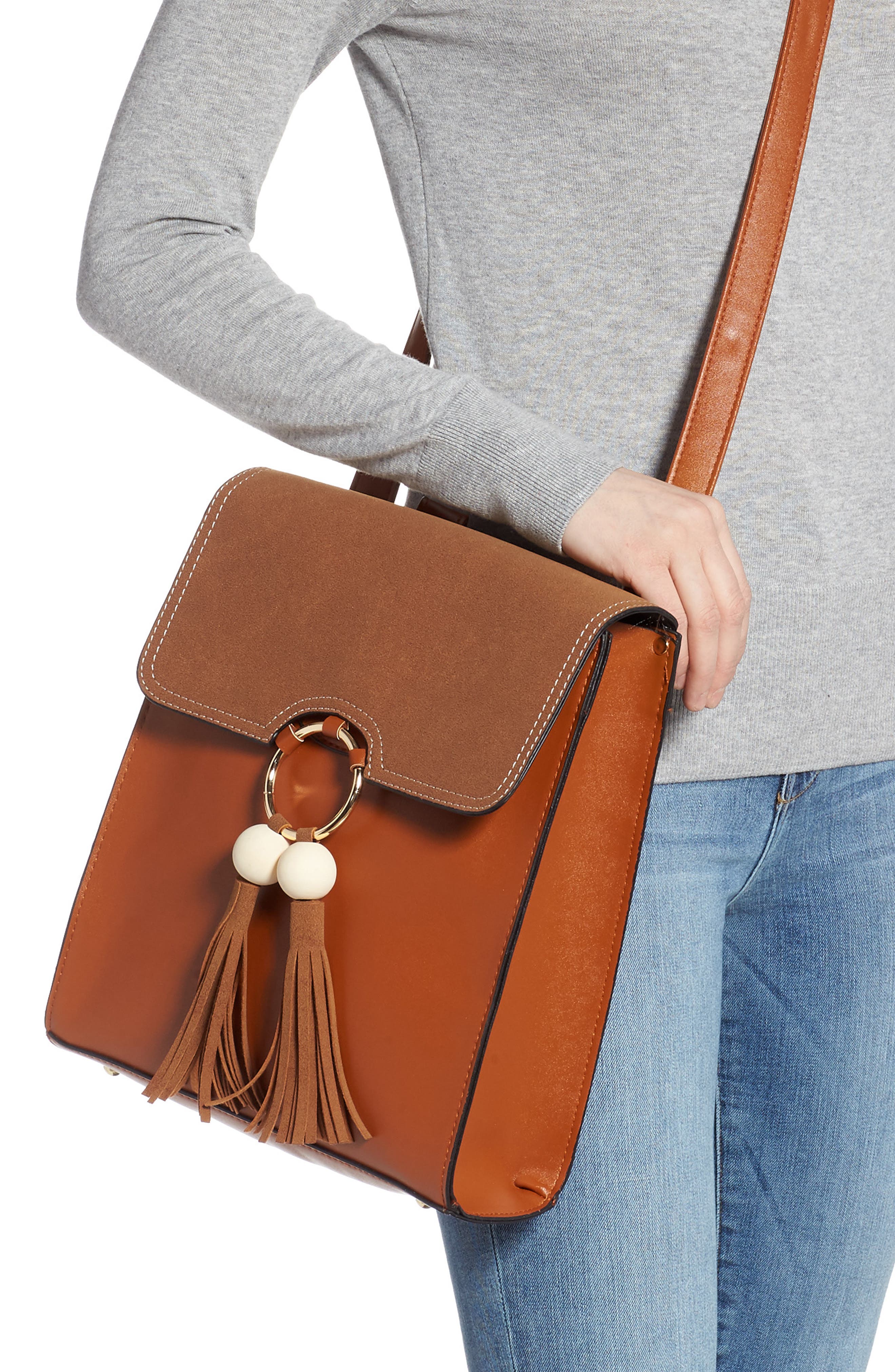 Beaded Tassel Faux Leather Backpack, Alternate, color, BROWN