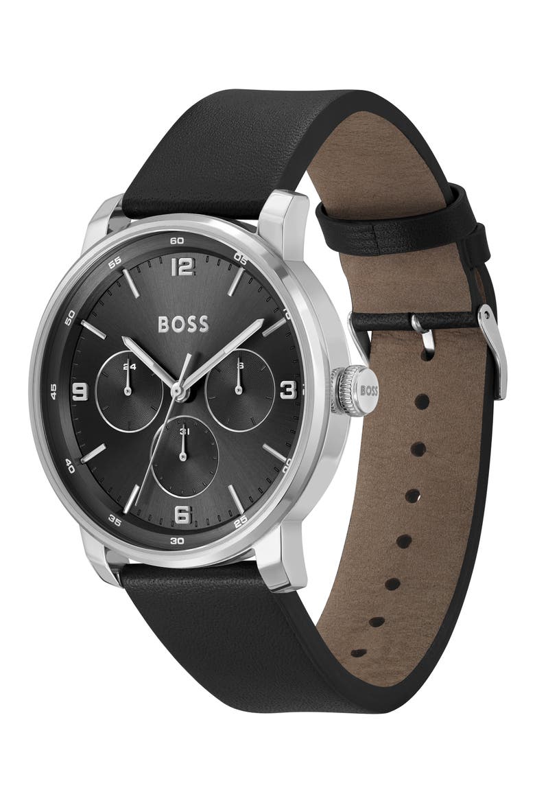 Contender Leather Strap Watch, 44mm, Alternate, color, BLACK