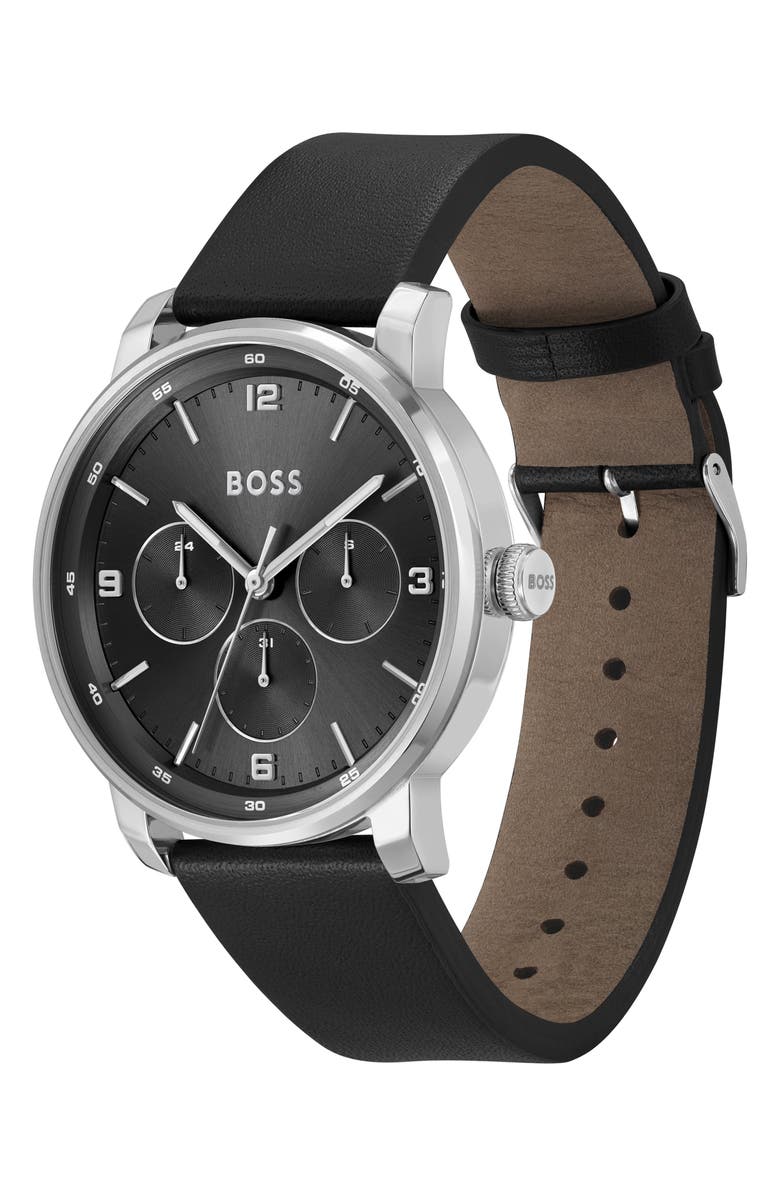 BOSS Contender Leather Strap Watch, 44mm, Alternate, color, Black
