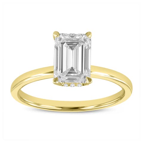 Delphine 14K Yellow Gold Emerald Cut Lab Grown Diamond Hidden Halo Engagement Ring - 2.1 ct