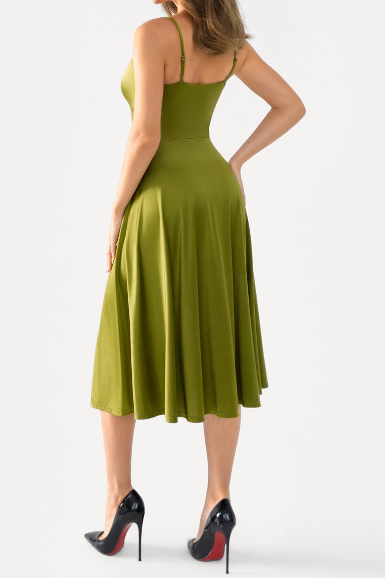 Shapewear Strappy Cowl Neck Vacation & Date Night Fit & Flare Midi Dress, Alternate, color, Metallic Olive