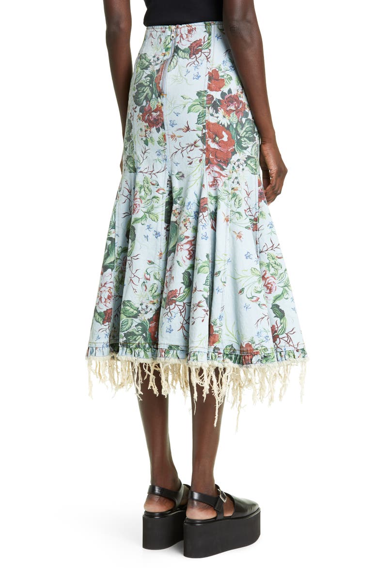 Floral Print Raw Hem Denim Midi Skirt, Alternate, color, BLUE WASH