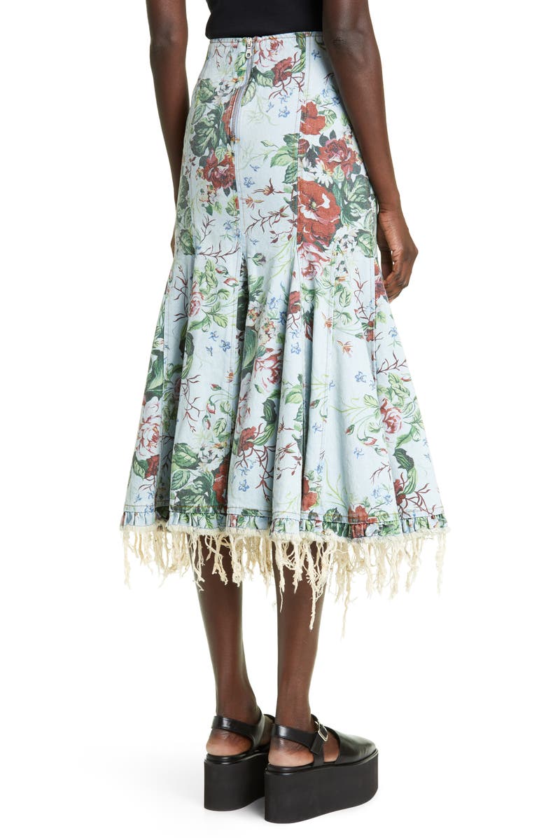Molly Goddard Floral Print Raw Hem Denim Midi Skirt, Alternate, color,