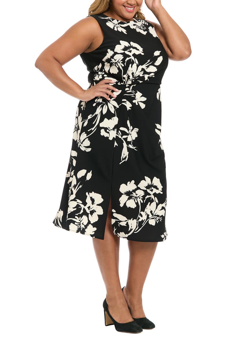 Floral Sleeveless Twist Front Scuba Midi Dress, Alternate, color, BLACK/ BEIGE