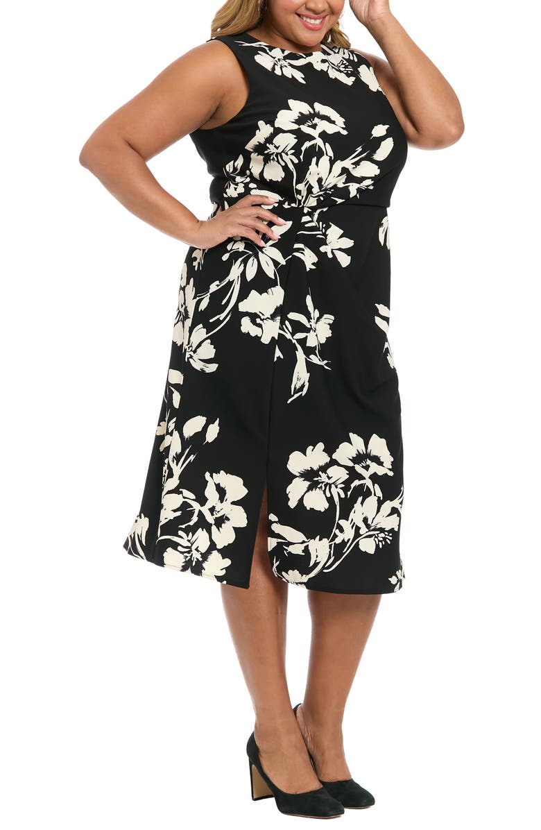 London Times Floral Sleeveless Twist Front Scuba Midi Dress, Alternate, color, Black/ Beige