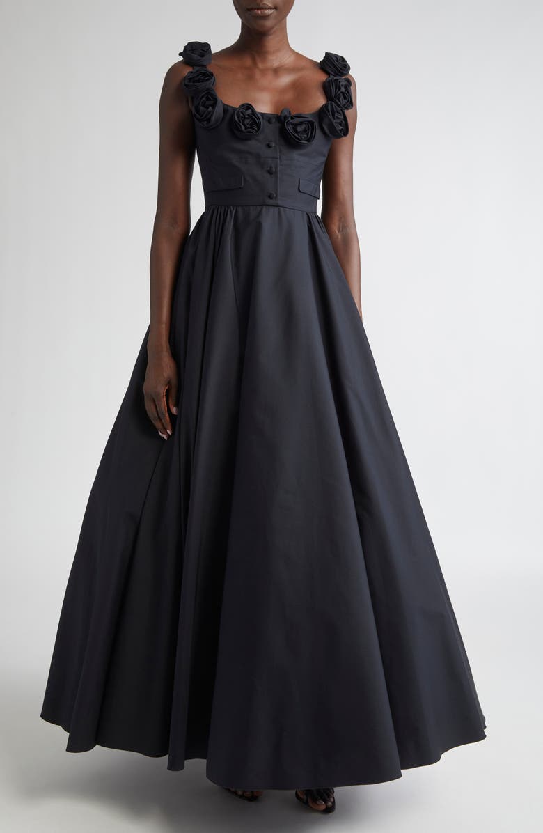 Giambattista Valli Rose Trim Fit & Flare Dress, Main, color, Black