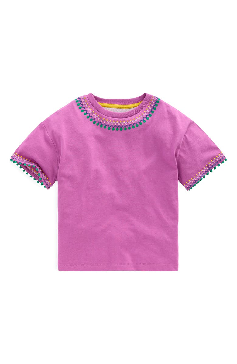 Mini Boden Kids' Embroidered Pom Trim T-Shirt, Main, color, Radiant Orchid
