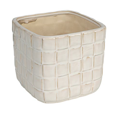 Stoneware Planter with Debossed Woven Grid Pattern, White