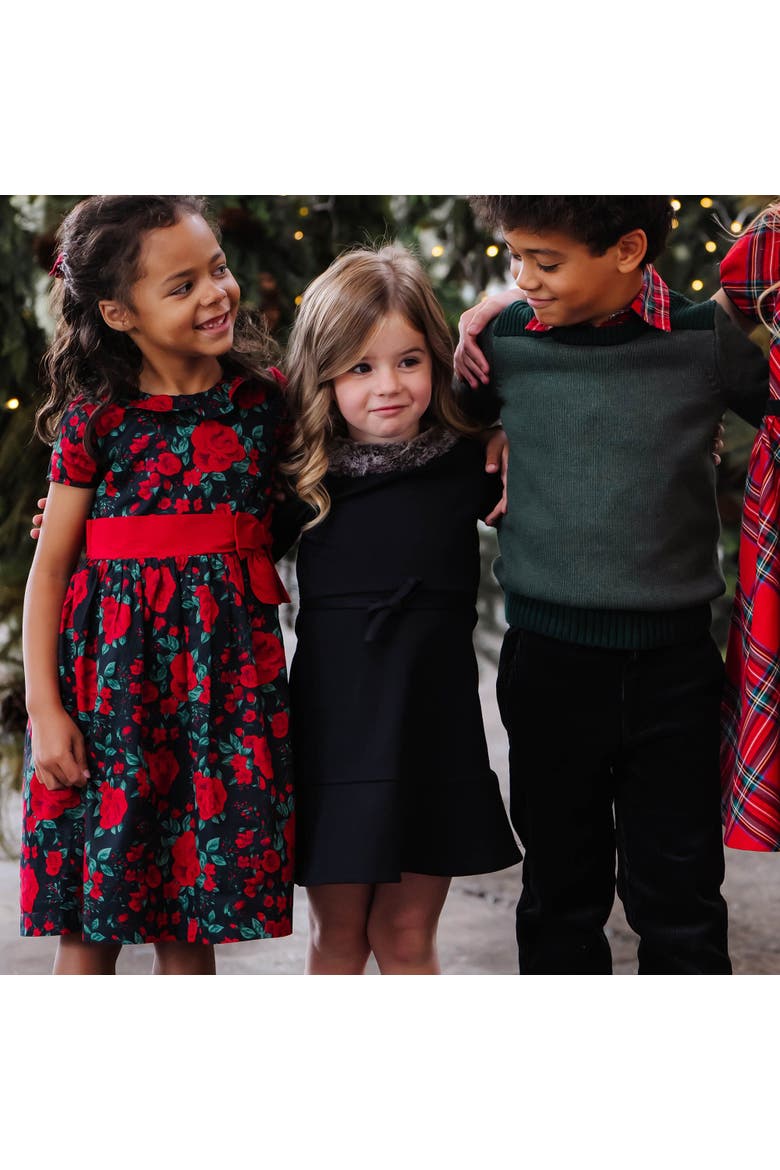 Girls' Ruffle Collar Party Dress, Toddler, Alternate, color, Black Holiday Rose