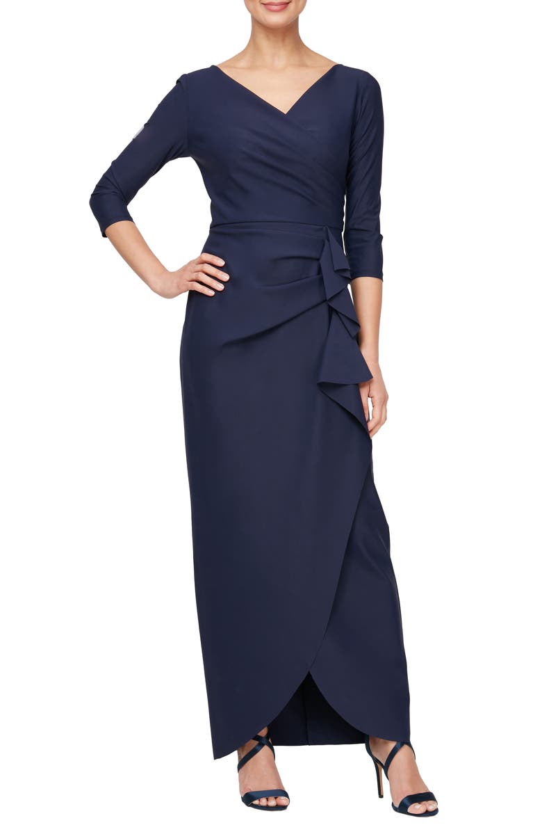 Alex Evenings Surplice V-Neck Three-Quarter Sleeve Gown, Main, color, 