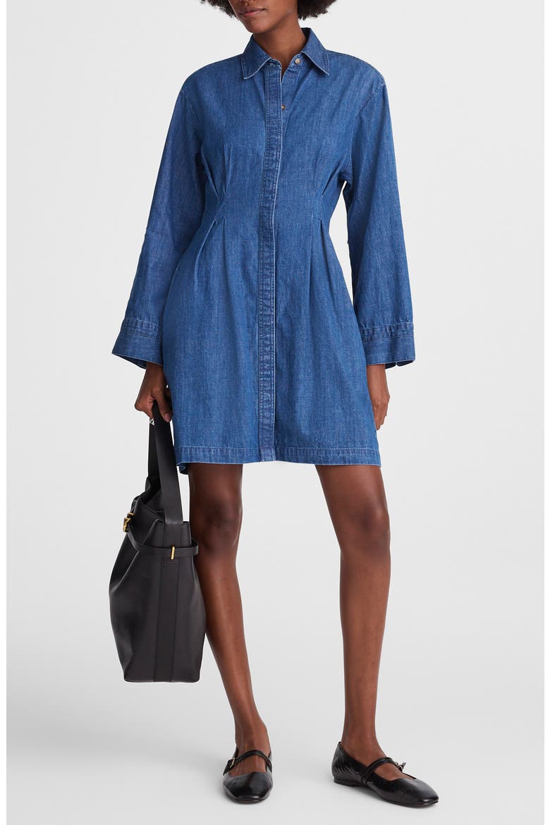 Pleated Denim Mini Shirtdress, Main, color, BOUVIER WASH