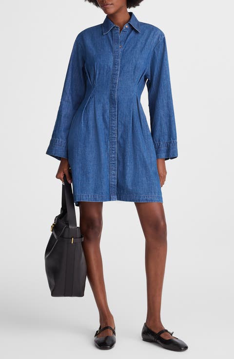 Pleated Denim Mini Shirtdress