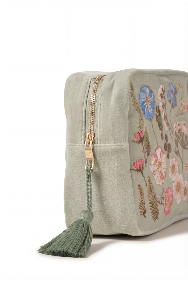 Pressed Flowers Velvet Wash Bag, Alternate, color, Sage