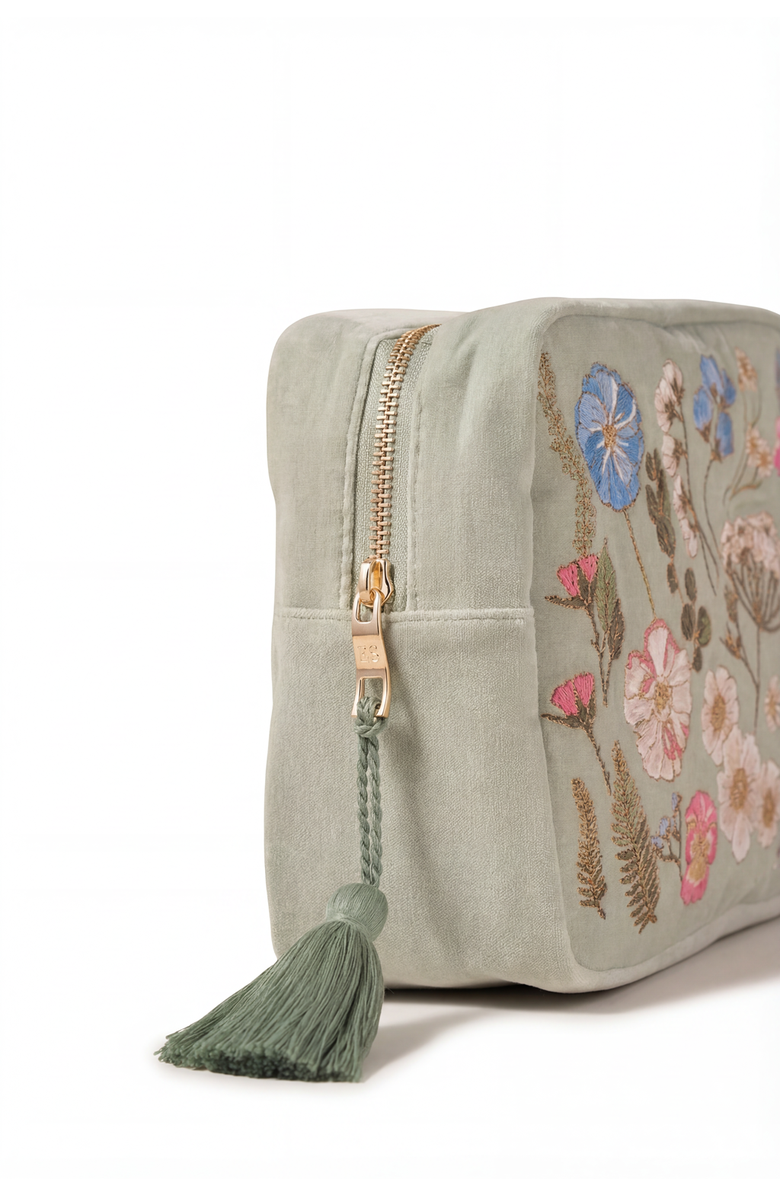 Elizabeth Scarlett Pressed Flowers Velvet Wash Bag, Alternate, color, Sage